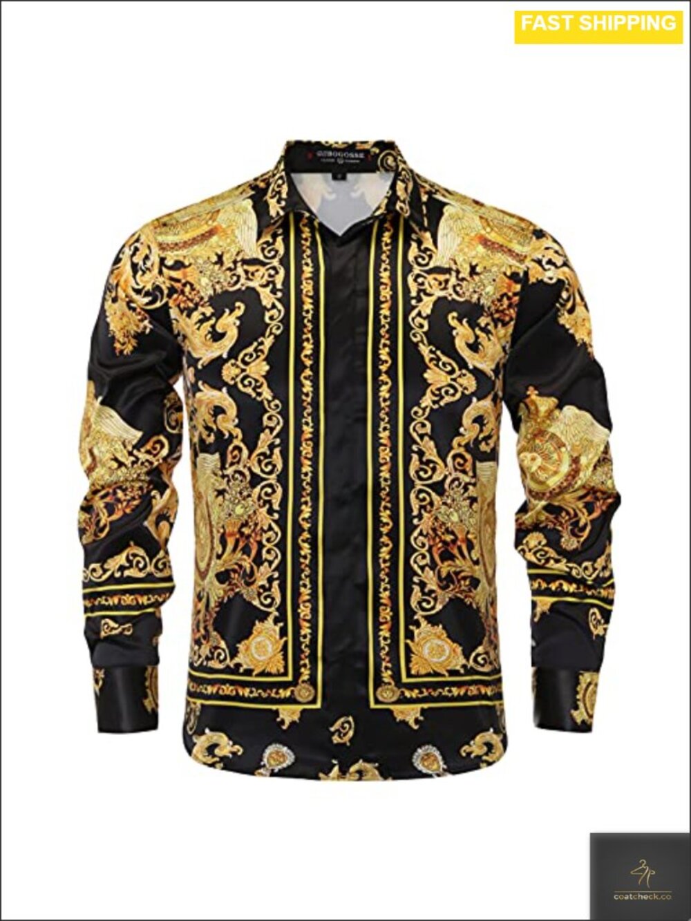 Mens Silk Satin Print Button Down Long Sleeve Slim Fit Dress Shirt